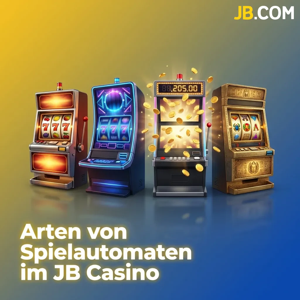 JB Casino slot machine variety showing classic 3-reel, video slots, Megaways, progressive jackpots, and cluster-pays games