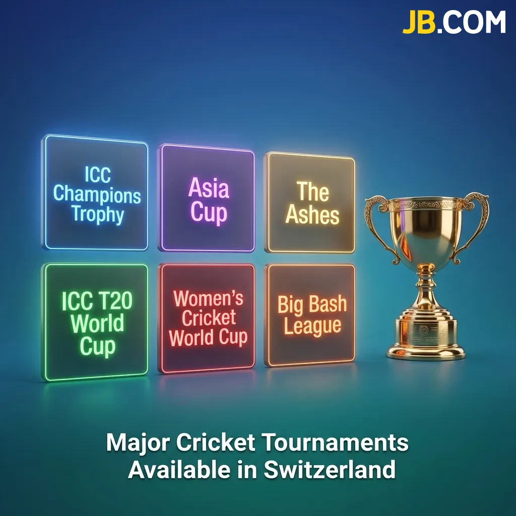 Cricket tournaments available for betting in Switzerland including ICC World Cup, T20, IPL, and The Ashes series.