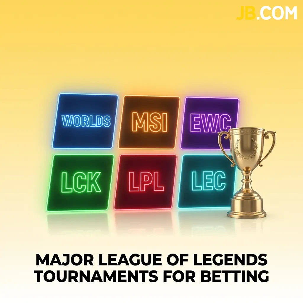 Major League of Legends tournaments including Worlds, MSI, and regional championships LCK, LPL, and LEC for esports betting