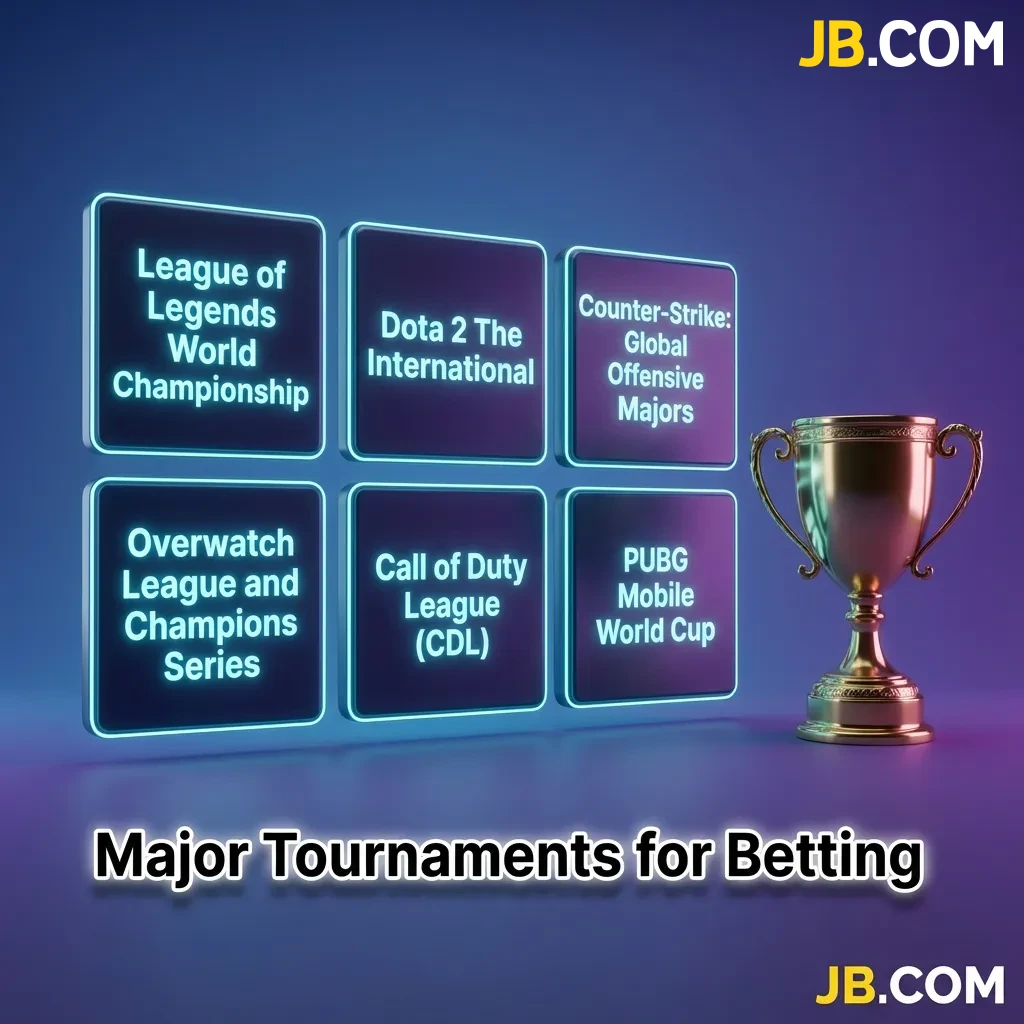 Table showing major esports tournaments for betting across games like Dota 2, CS2, League of Legends, and Valorant at JB Casino