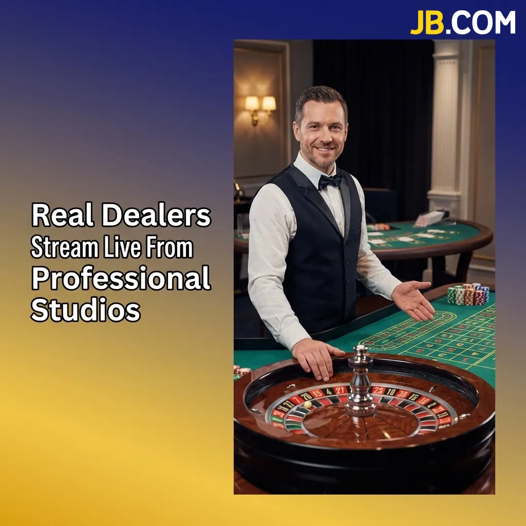 Professional croupier dealing cards at live casino table with HD cameras in broadcast studio setting