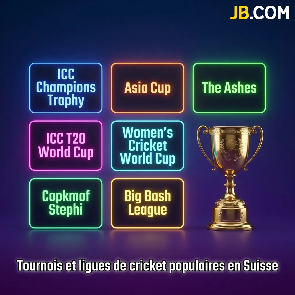 Cricket tournaments display featuring ICC World Cup, T20, IPL, and The Ashes with betting options for Swiss players