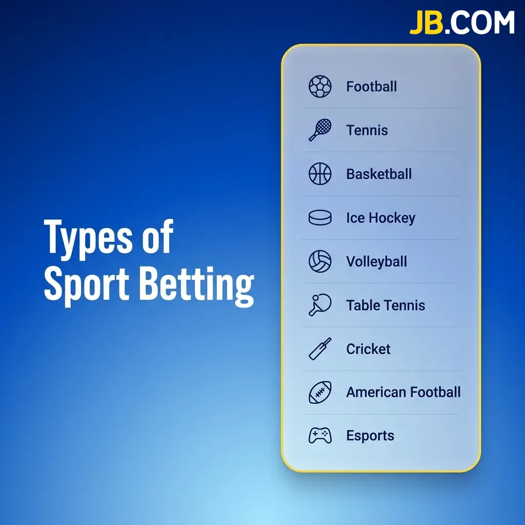 Sports betting options display including football, ice hockey, tennis, basketball, and skiing at JB Casino