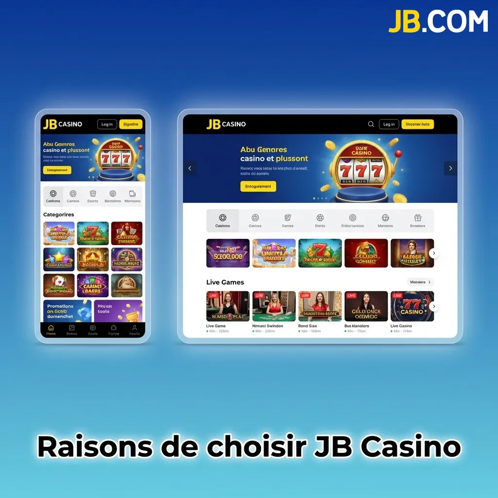 JB Casino logo avec icônes de jeux, paiements rapides et support client pour joueurs suisses