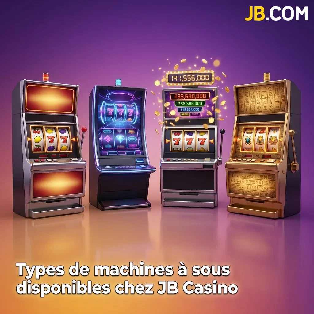 Variety of colorful slot machine types at JB Casino including classic, video, progressive jackpot, and Megaways games
