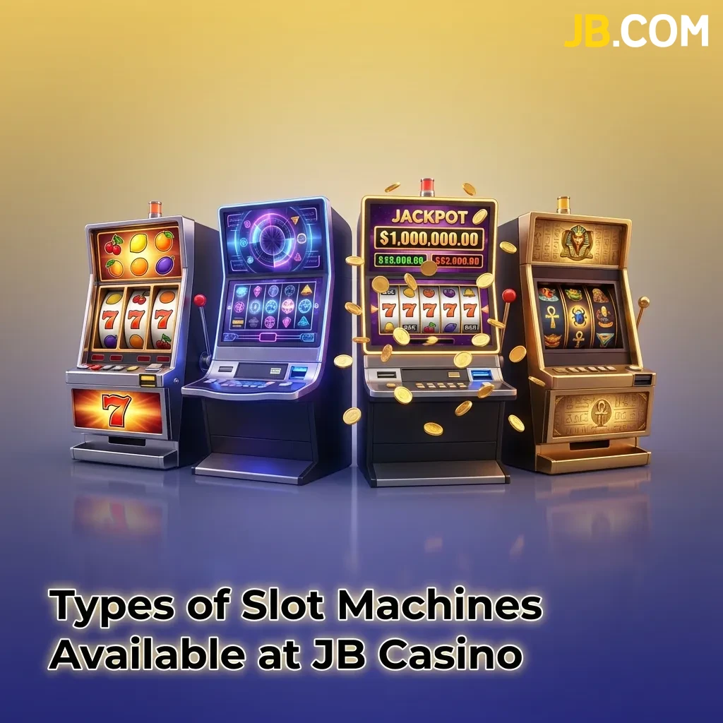 Various colorful slot machine types displayed at JB Casino including classic, video, Megaways, and jackpot games.