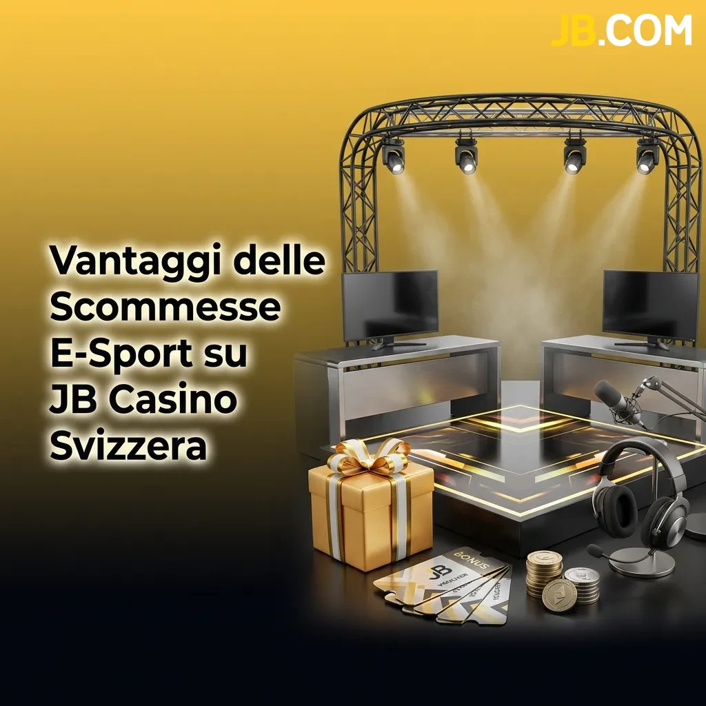 Schermata interfaccia JB Casino Svizzera mostrando vantaggi scommesse e-sport, bonus benvenuto e metodi pagamento locali