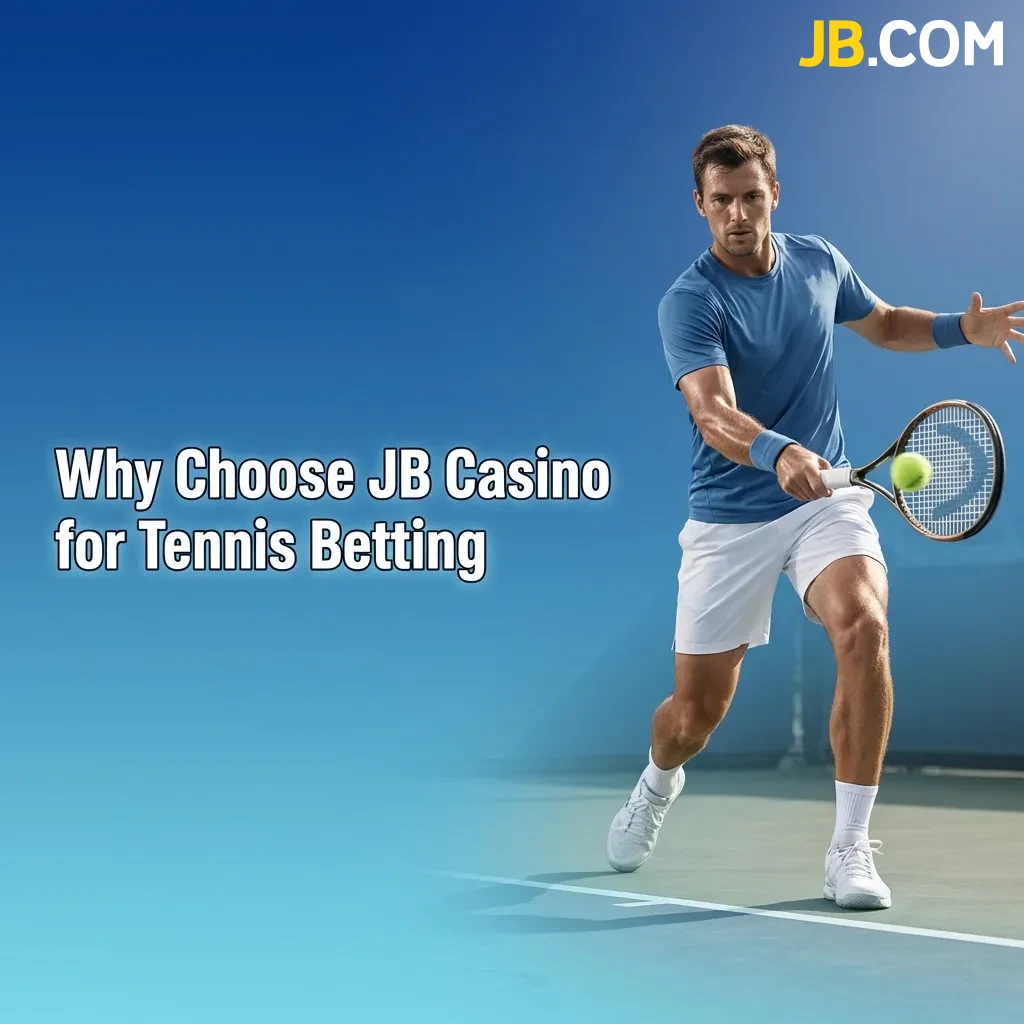 Tennis player on court with JB Casino betting interface showing live odds and tournament options